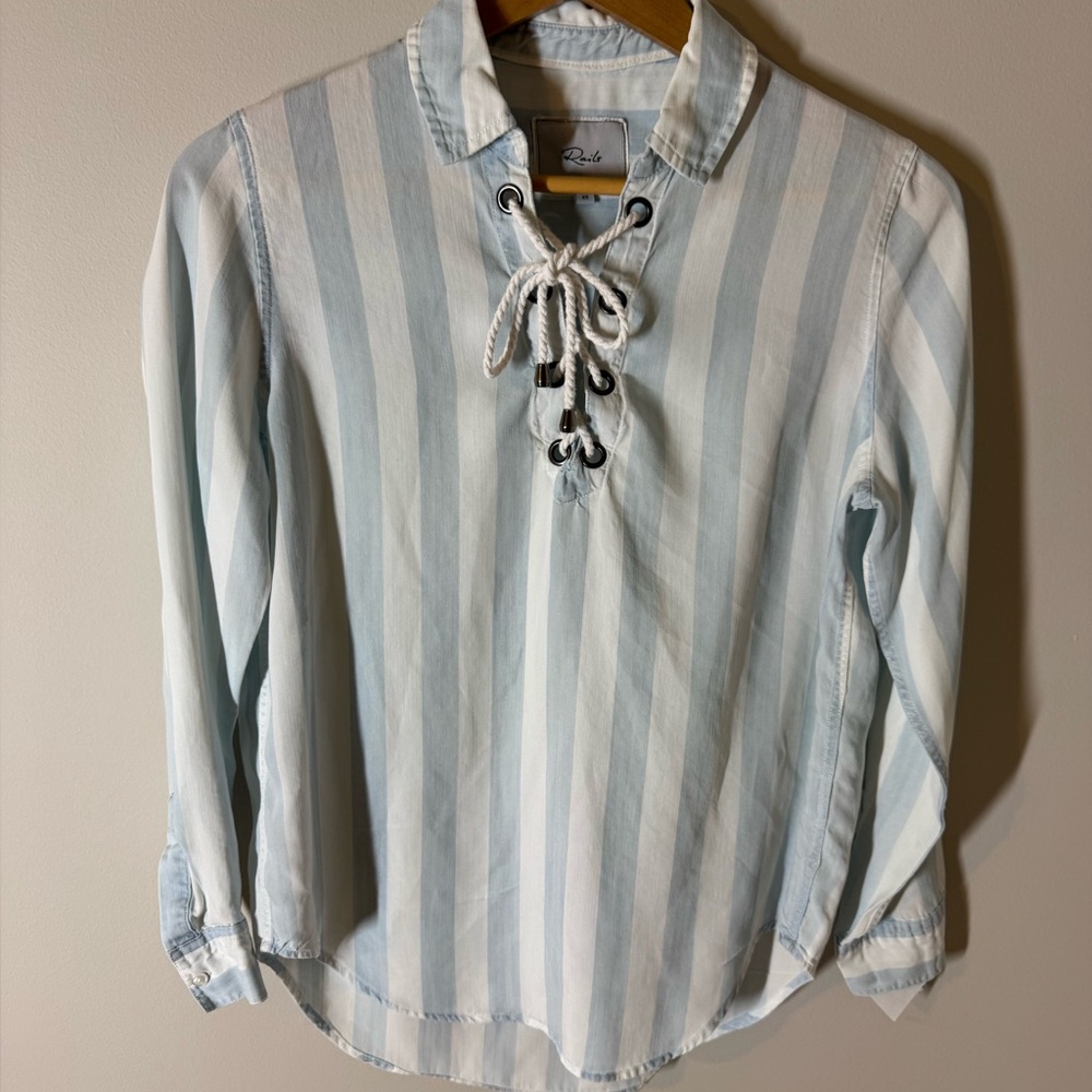 Rails Uni Light Blue and White Striped Lace-Up Blouse XS - Picture 2 of 9